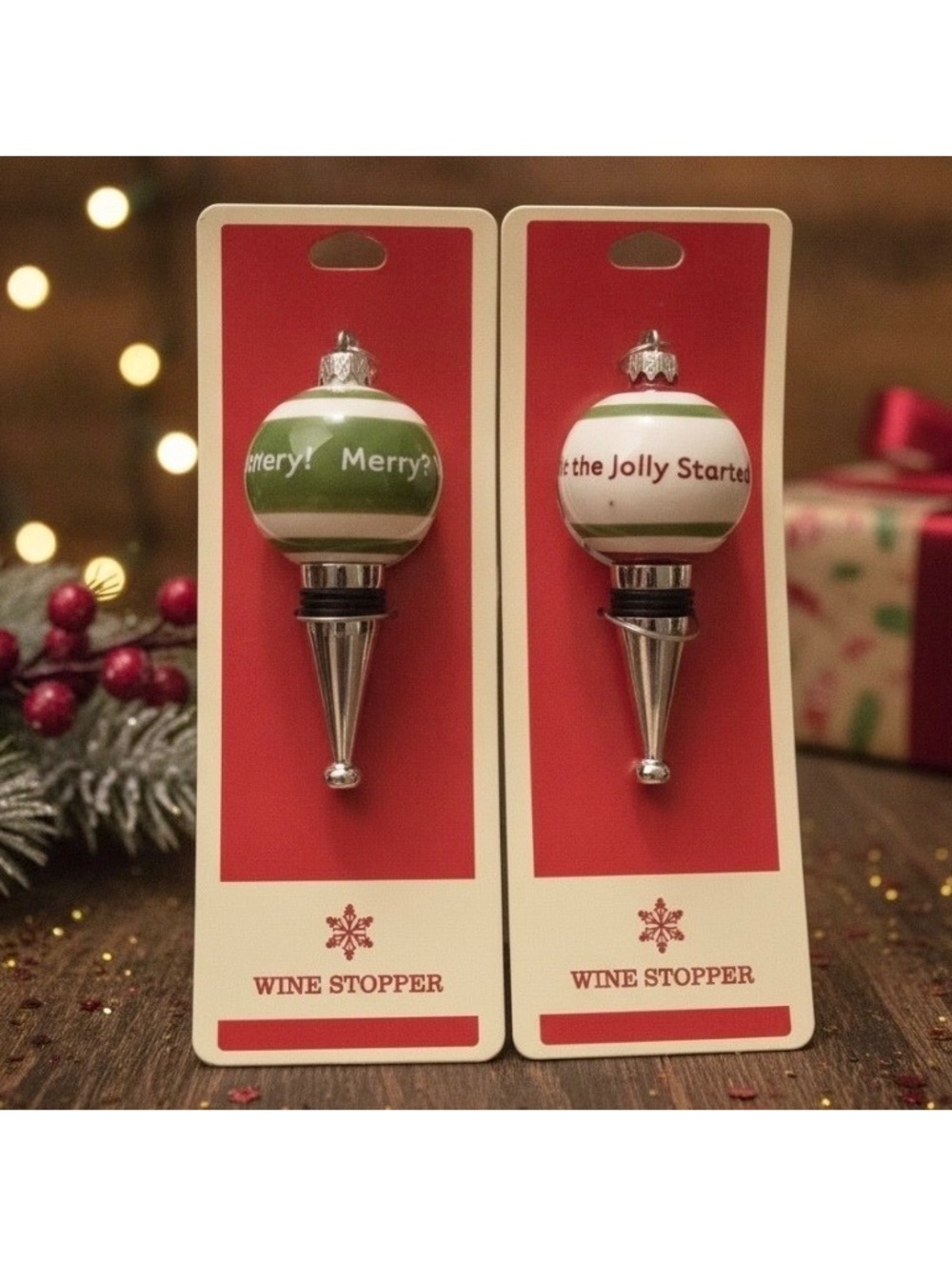 Hallmark Holiday Wine Stoppers Lot of 2 Chrome Metal Ceramic Ornaments Bulbs